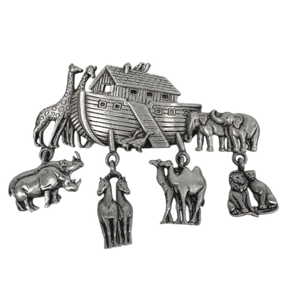 JJ Jonette Noahs Ark Brooch Pewter Tone Dangling Animal Charms Vintage Pin